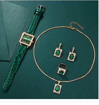 5-Piece Watches Set with Crocodile Pattern Emerald Belt, Square Quartz Watches and Diamond Jewelry for Women CR3359