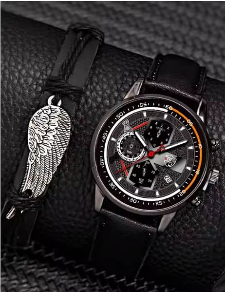 2Pcs Set Fashion Mens Calendar Watches - Black Leather Quartz Wristwatches for Business and Casual wear C R3899