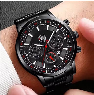 Fashion Men’s Stainless Steel Quartz Watch with Leather Strap, Casual Date Display, CR3281