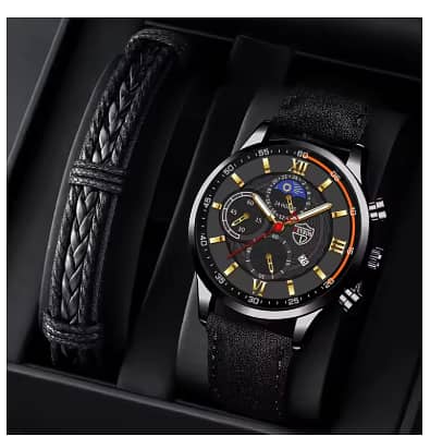 2-Piece Set: Fashionable Mens Quartz Watch with Leather Bracelet (R3346) – Luminous Hands, Hardlex Window