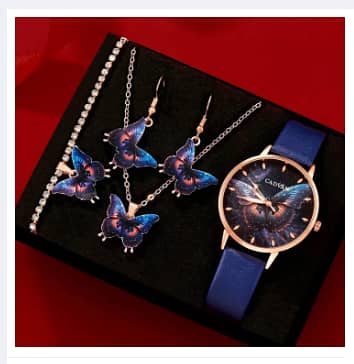 SHAARMS HQ8153 5Pcs Set: Women’s Butterfly Quartz Watch with Leather Band, Casual Fashion