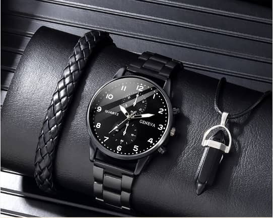 3-Piece Set: Calendar Roman Numerals Steel Quartz Watch with PU Leather Necklace and Bracelet (Model C R3294)