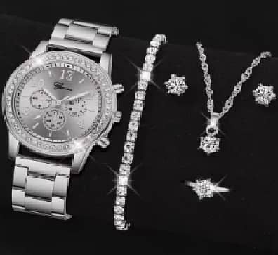 Watch Gift Set for Women: 5-Piece Silver Crystal Jewelry Set (Watch, Ring, Necklace, Earrings, Bracelet) C R4027