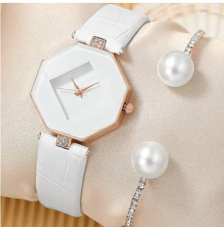 2pcs White Rhinestone Pearl Bracelet and Irregular-Shape Quartz Watch Set for Women (C R3928)