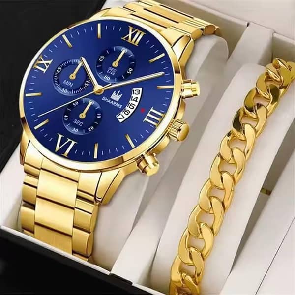 2pcs set: Men's Quartz Watch with Stainless Steel Bracelet (Model C R3185)