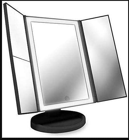 BeautyWorks Backlit Makeup Vanity Mirror with 36 LED Lights, Touch Control, 1X/2X/3X Magnification, Tri-Fold, Midnight Black (Model C R4240)