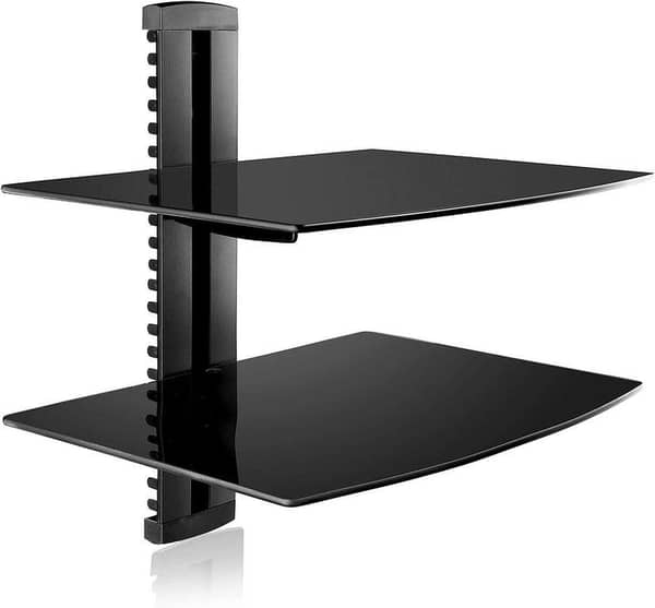 suptek Speaker Mount, Floating Glass Shelf Wall Mount Bracket for DVD Players/Cable Boxes/Games Consoles/TV Accessories, 2 Shelves, Black CS202 uk import