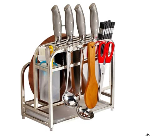 Knife Holder Storage Organizer with Hooks, Stainless Steel Knife Block Holder Cutting Board Rack, Kitchen Utensils Holder with Drainer Tray for Kitchen Countertop C C2
