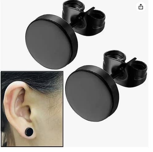 8mm Black Round Stud Earrings Set – Stainless Steel, Men’s and Women’s Ear Studs, 2 pcs per pair (C R4457)