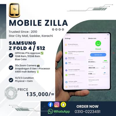 Samsung Z Fold 4, Official PTA Approve 512GB Blue Color, MOBILE ZILLA