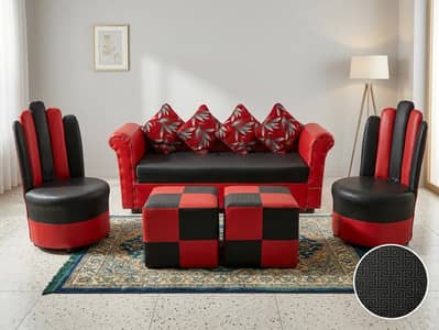 COMPLETE 5-PIECE RED & BLACK SOFA SET (FULL SOFA + 2 CHAIRS + 2 PUFFS)