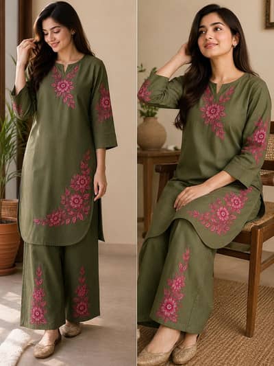 Tit Elegant Olive Green Embroidered 2-Piece Kurti Set