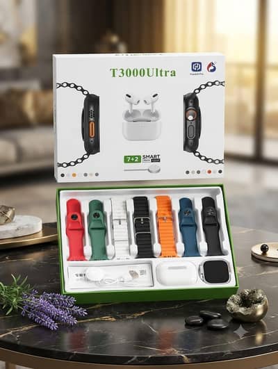 T3000 Ultra Smartwatch Package – 7 Colour Straps + Free Airpods