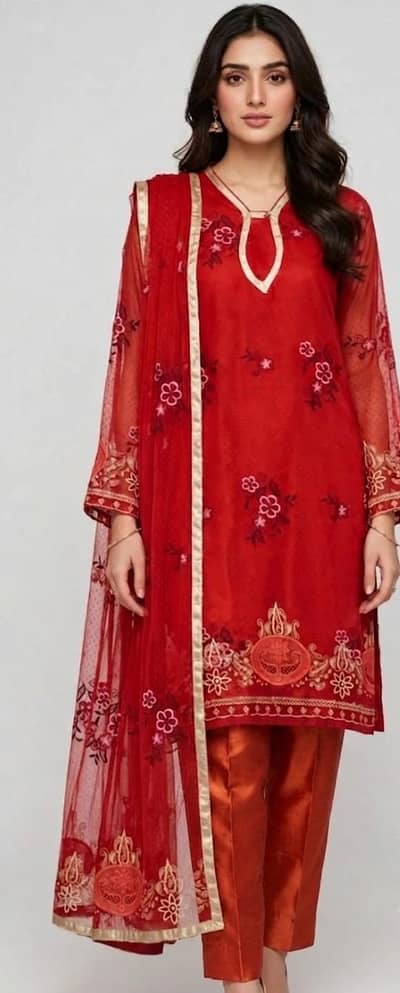 Net embroidered dress with net embroidered dupata and reshmi trauser
