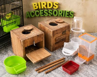 Birds Seed and water Pots / breeding boxes / wooden cage