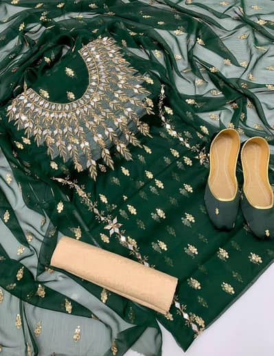 women's green chefon 3 price suit  with mirror bote work and khusa