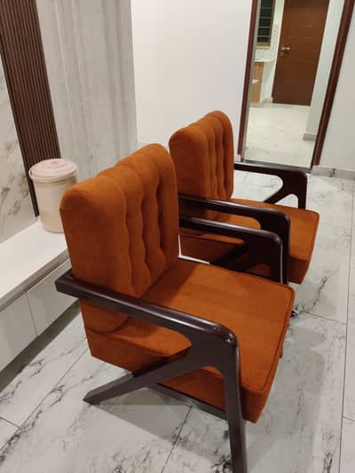 Brand New Pair of Solid Sheesham Wood Accent Armchairs (Rust Boucle)