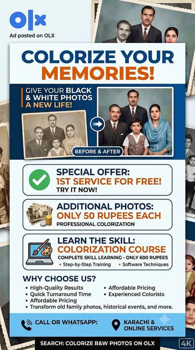 Colourize Black & White Photos (1st Service For Free) Try Now