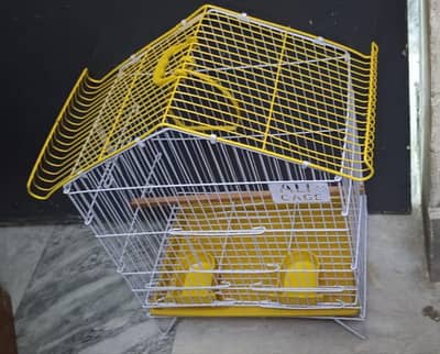 White & Yellow Wire Bird Cage - Hut Style with Stand (Like New)