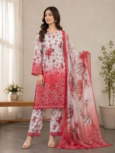 printed Lawn 3Pcs women suit set Red
