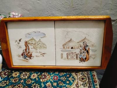 African Art painted on tiles tray wooden