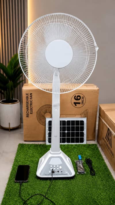 Rechargeable Pedistle Fan 16" - LED Light - USB Port - Solar Panel