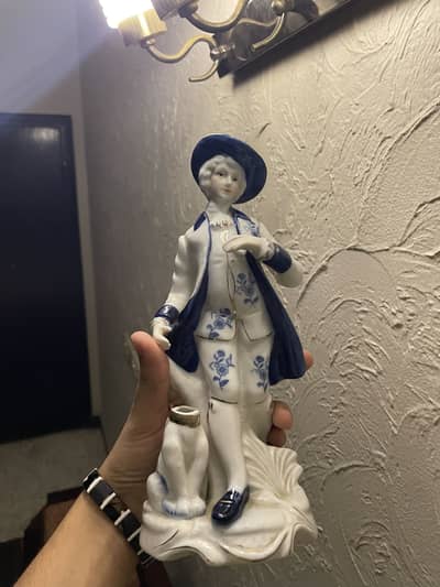 Vintage Blue & White Porcelain Figurine with Dog - Showpiece