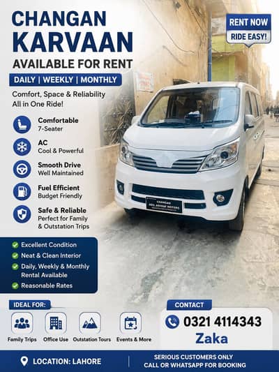 Neat & clean Changan Karvaan rental ke liye available hai.