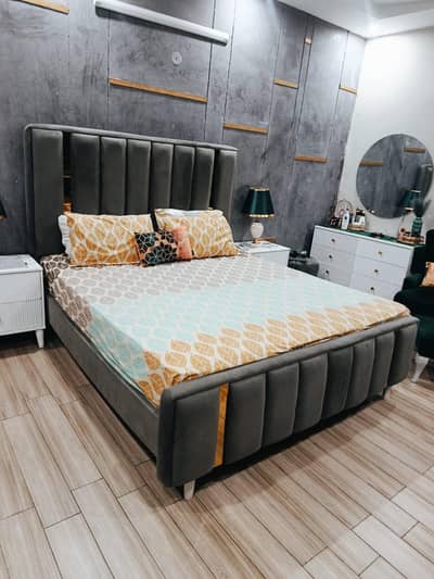 King Size Luxury Cushion Bed with Side Tables, modern designer bed set