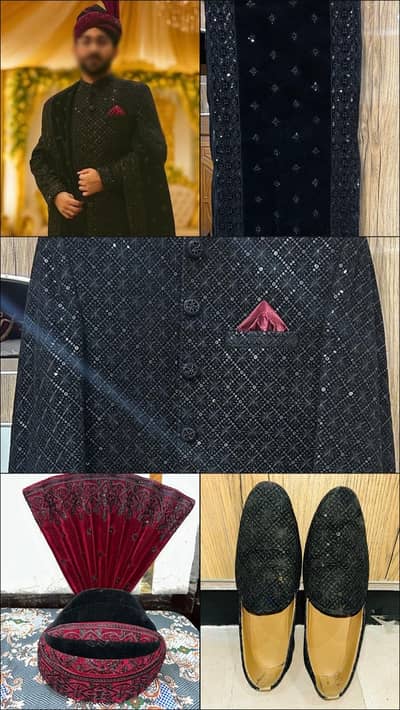 Elegant Black Velvet Wedding Sherwani Set with Turban, Shawl & Shoes