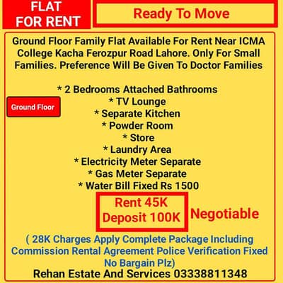 Ground Floor Family Flat For Rent Near Qartaba Chowk Lahore