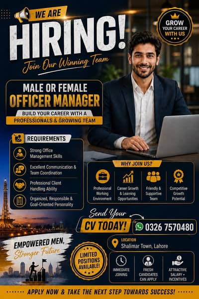  Title: Hiring Now – Office Manager (Male & Female) | Lahore