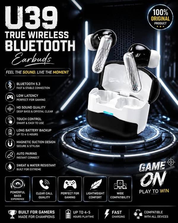 ORIGINAL U39 Gaming Earbuds Bluetooth 5.3 Wireless Headphones - Low Latency True Wireless TWS - Deep Bass Sound, 5H Battery, Touch Control, Sweatproof Earphones With Mic Works With All Devices