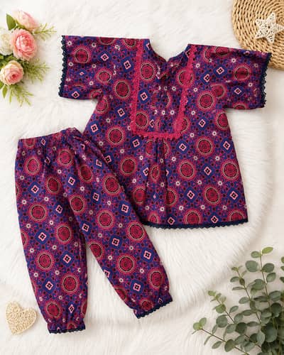  Stylish Baby Girl Printed Frock & Trouser Set | Elegant Navy Blue E