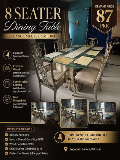 Luxury 8 Seater Dining Table Set – Premium Wooden Chairs | Glass Top