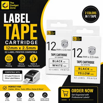 12mm Heat Shrink Tube Label Tape Cartridge | Black on White & Yellow