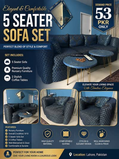 Luxury 5 Seater Sofa Set with 2 Coffee Tables | Premium Fabric |