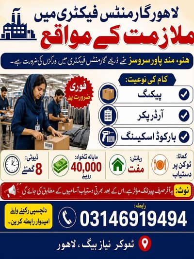 Lahore garments factory workers chahiye