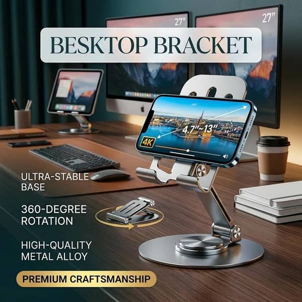 Premium Metal Desktop Bracket - 360° Rotating Universal Mobile & Tablet Stand - Foldable Multi-Angle Adjustable Heavy Duty Holder For Desk, Office, iPhone, iPad, Switch (4.7" to 13")