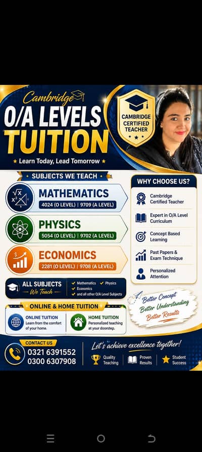 Mathematics , physics and Economics O/A levels teacher  online & Home