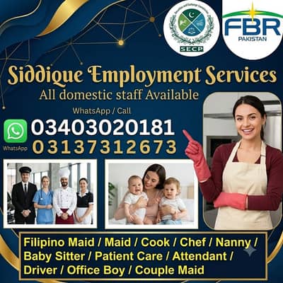 House Maids Baby Sitter Cook Drivers Chef Couple all Domestic staff