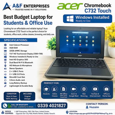 Acer Chromebook C732 Touch Laptop | Windows Installed | 4GB RAM | 32GB