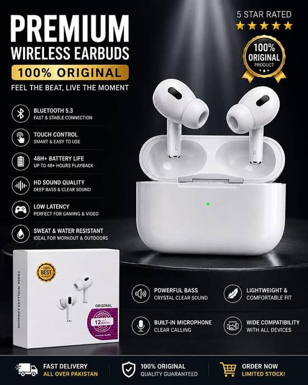 Premium PRO 2 ORIGINAL Wireless Earbuds Bluetooth 5.3 Pro – 100% Original HD Sound Quality Earphones with 48H+ Battery Life, Touch Control, Low Latency Gaming & Sweatproof Gym Pods