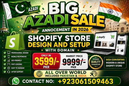 Premium Shopify Store Design-Setup with Domain | Azadi Offer 3599/-PKR