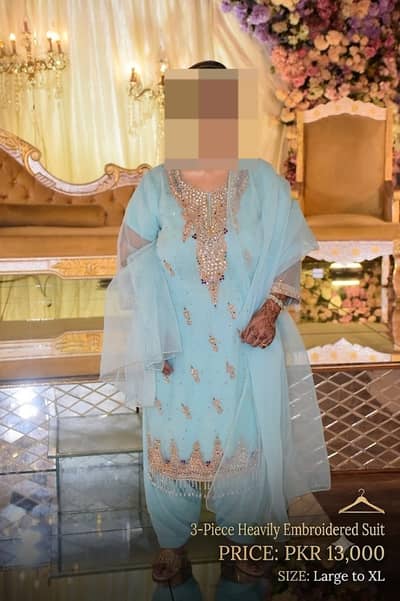 Sky Blue 3 Piece Embroidered Suit Large to XL | Party Wear Dress | For
