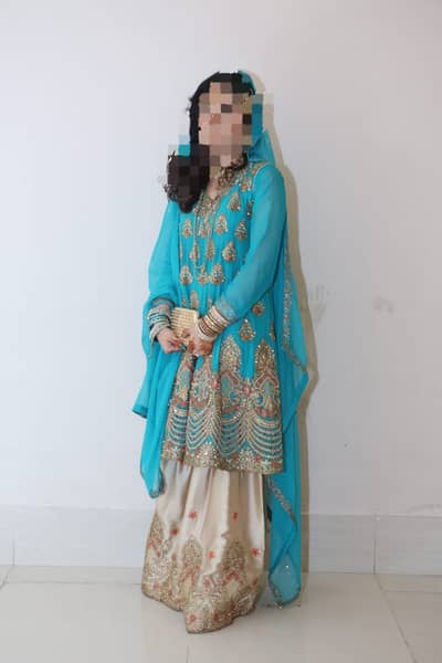 Sky Blue Short Frock with Sharara | 3 Piece Party Wear Dress | Small t