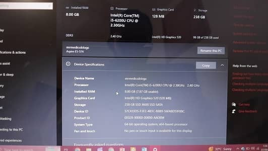 acer aspire | core i5 6th generation | 8gb rab 256gb ssd|