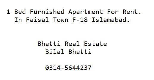 ( 0314 5644237) 1 Bed Furnished Apartment on Daily Basis in Rs 4,000.