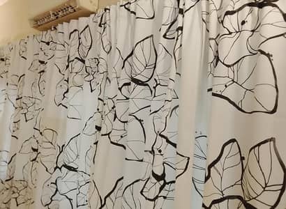 ikea curtain pair white black leaves print _ length 8-9 feet  width 4.
