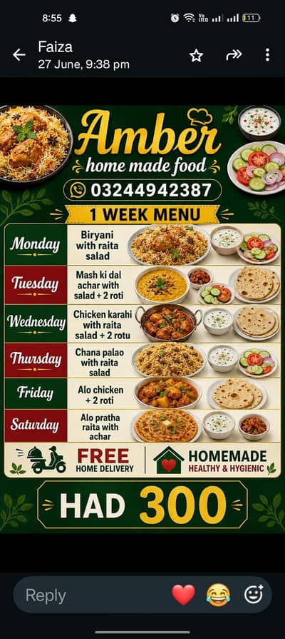 Meals are provided for offices and homes; please contact 03120152458